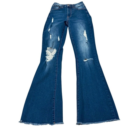 Flamingo Blue Distressed Ultra Flare Jeans XS | Medium Wash | Y2K Vintage Vibes - Picture 1 of 4